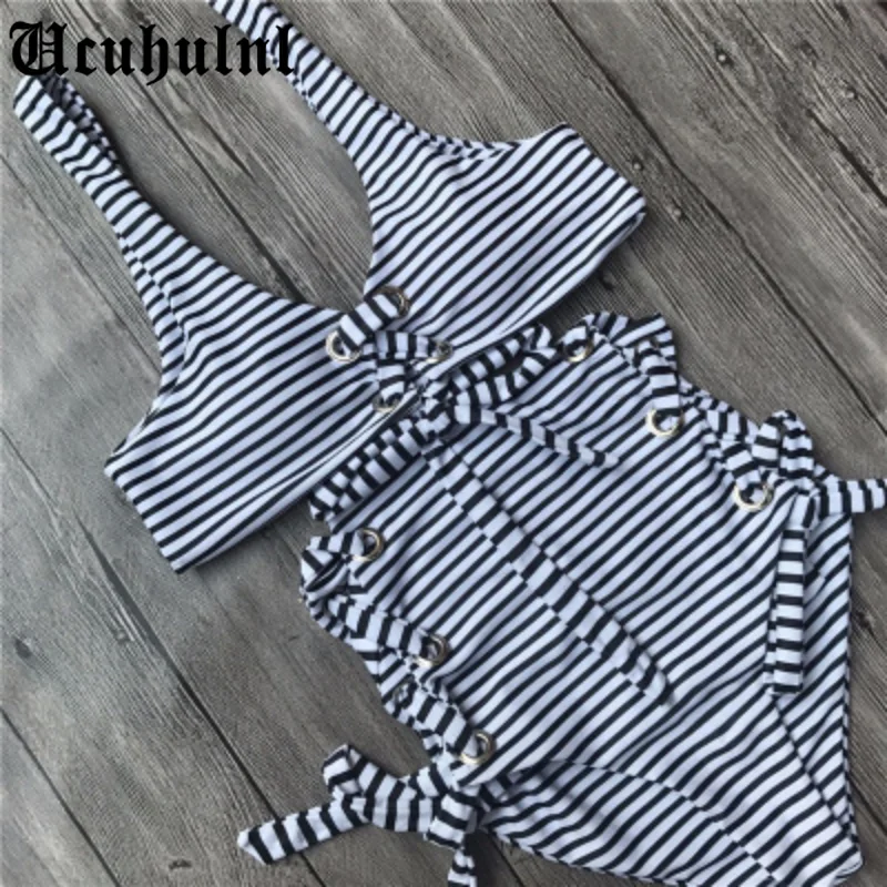 

Stripe Swimsuit Bandage Biquini High Waist Bikini Set Bathing Suit Women Swimwear 2021 Hollow Out Bikini Elegant Bikinis Beach