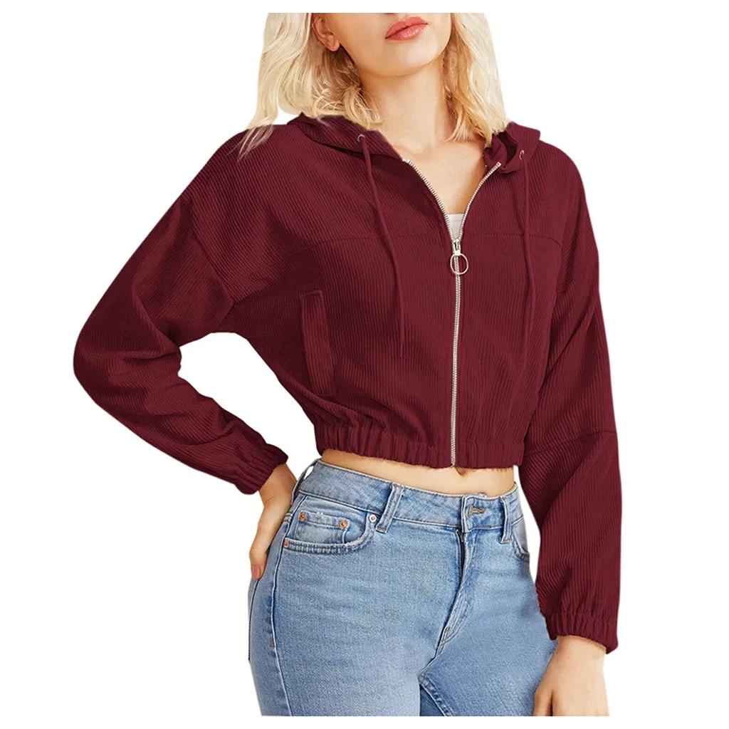 Short Hoodie Crop Top Women Casual Long Sleeve Hooded Sweatshirt Harajuku Corduroy Zip-Up Pocket Shirt And Blouse#0909 | Женская одежда