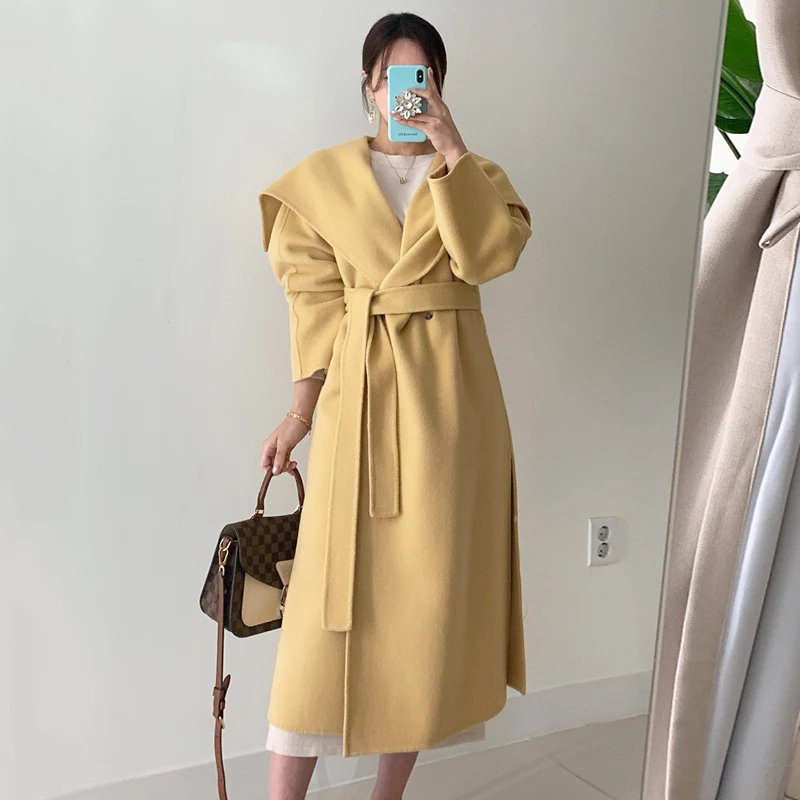 

Женское шерстяное пальто, винтажное длинное пальто с регулируемой талией, желтое и абрикосовое пальто, модное пальто, зима 2020