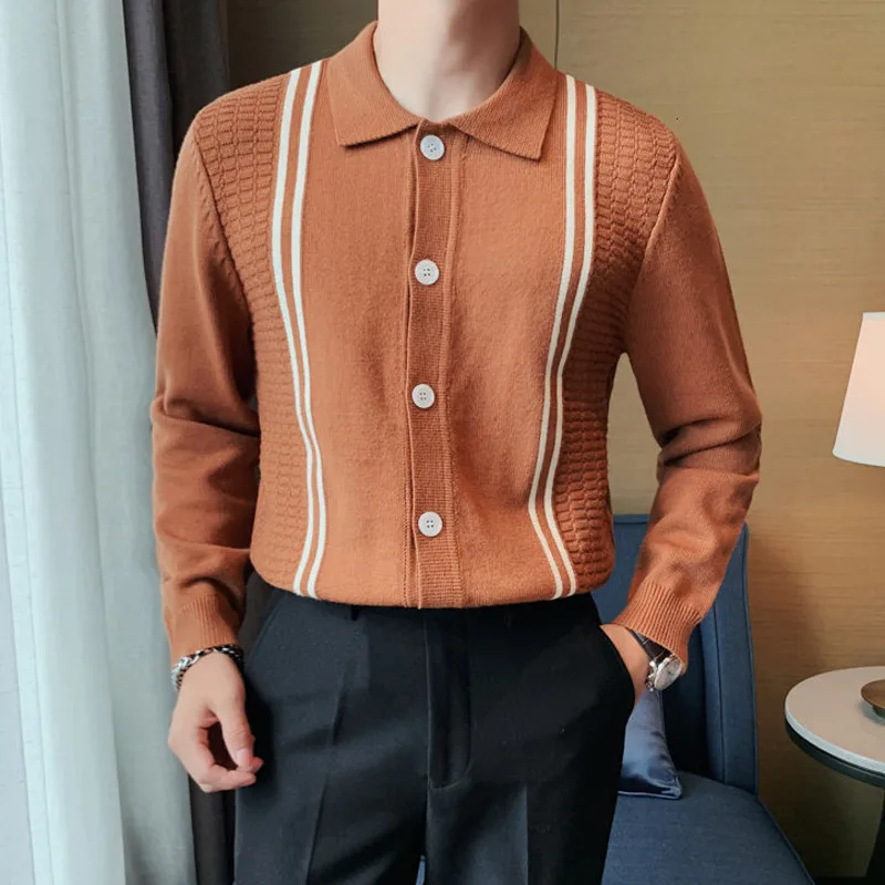 

British Casual Streetwear Cardigan Sweter De Hombre Fall Slim Knit Cardigan Men Sweater Lapel Single-breasted Knitted Jacket Men