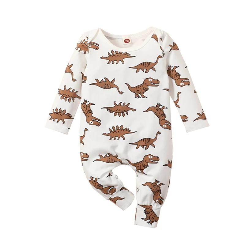 

0-24 Months Infant Baby Autumn Jumpsuits Dinosaur Print O-Neck Long Sleeves Rompers with Buttons for Toddlers Girls Boys
