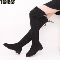 womens winter boots fashion full stretch fabric over the knee high top shoes square flat heel womens boots size 34 43