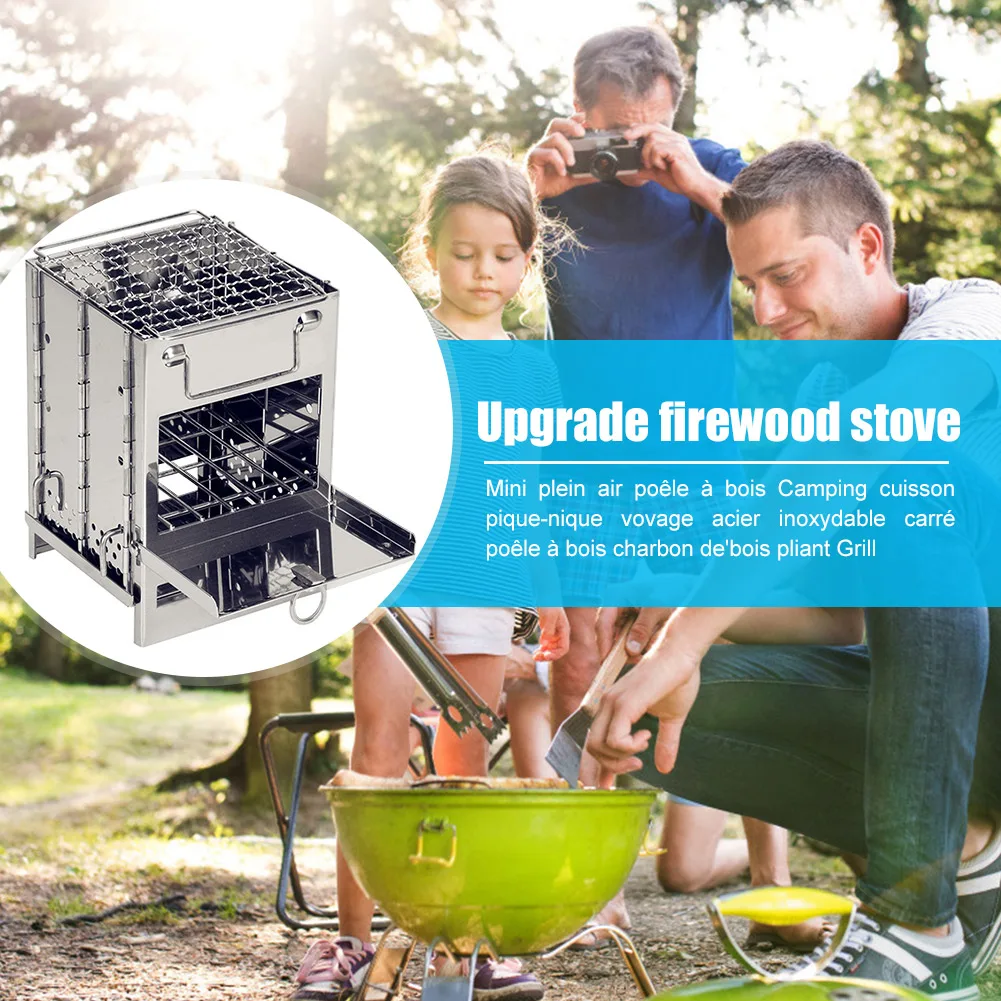 

Mini Outdoor Firewood Stove Camping Cooking Picnic Travel Stainless Steel Square Wood Stove Charcoal Folding BBQ Grill Dropship