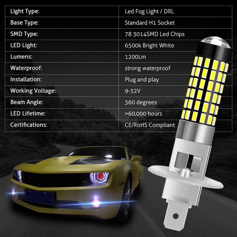 Katur 2 шт. H1 светодиодные лампы ходовые Противотуманные фары 3014 78 SMD 6000K белый