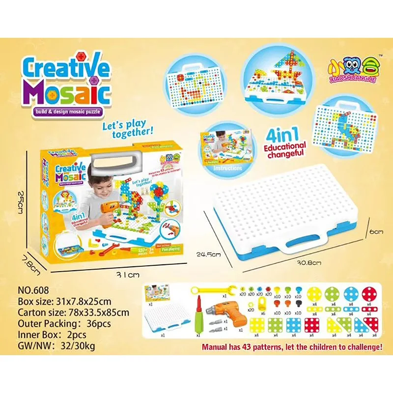 Шуруповерты Креативная мозаика пазл 4в1 в чемодане обучающая Детская