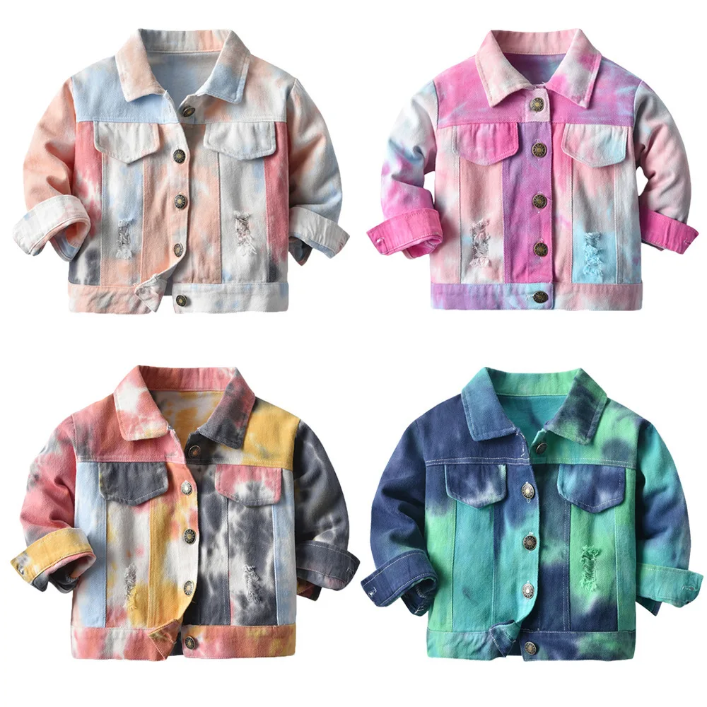 

2021 New Children's Jackets Spring Autumn Baby Boys And Girls Casual Lapel Tie Dye Denim Coats 1-8 Years Toddler Kids Outerwear