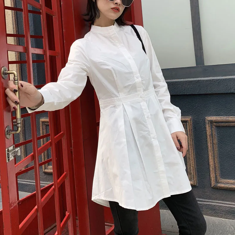 

GALCAUR Elegant Dress For Female Stand Collar Long Sleeve High Waist Slimming Ruched Slip Women's Dress Fashion Tide 2021