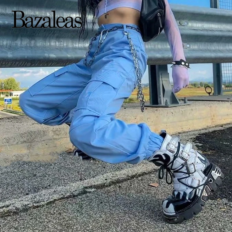 Женские панталоны с боковыми карманами Bazaleas синие уличные дамские брюки высокой