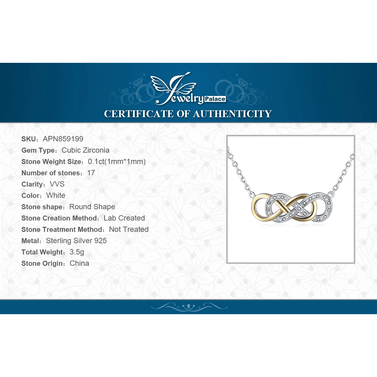 Ювелирный дворец Бесконечность CZ кулон из золота и серебра ожерелье 925 серебро