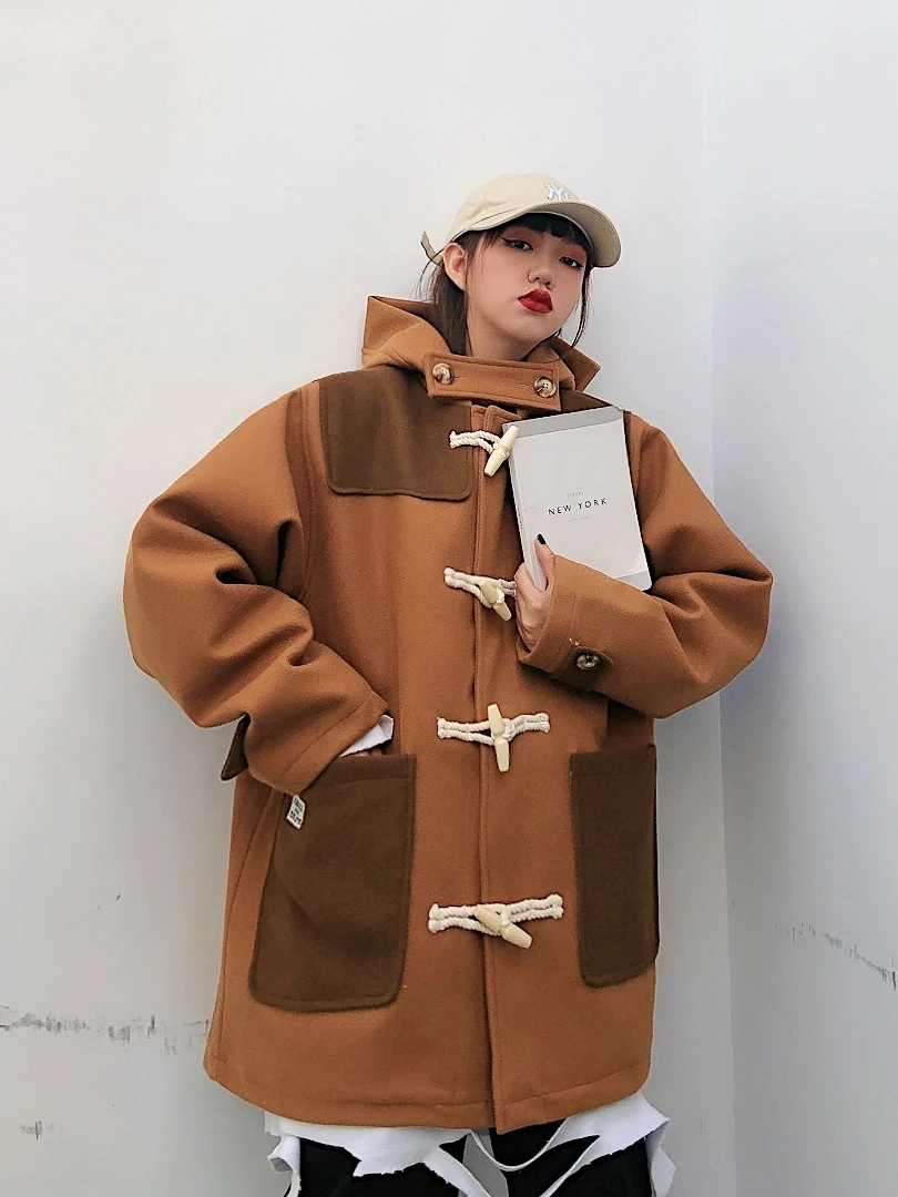 Winter new  cow horn buckle woolen coat women's Korean loose hooded medium long school style cotton suit  jackets coat coats