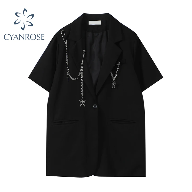 Женский блейзер с коротким рукавом Черный винтажный Повседневный пиджак