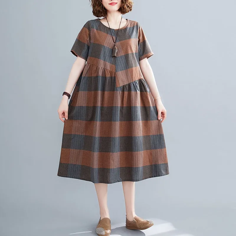

Plus Size Cotton Dress Women Summer Loose Casual Oversized Dresses New 2020 Vintage Plaid Comfortable Female Long Dresses P1241