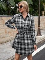 lattice pattern a line long sleeve mini dress for womens clothes 2021 summer casual stretch comfortable lady streetwear