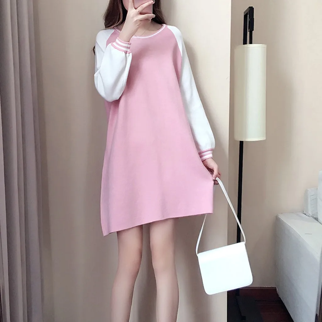 Женское осеннее платье с круглым вырезом повседневное свободное короткое
