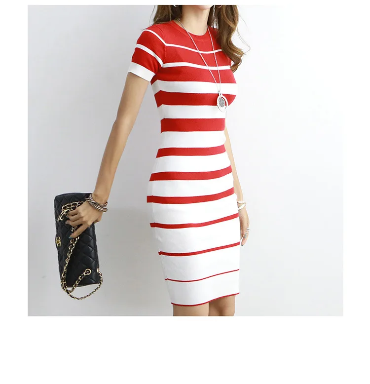 Coréen Dongdaemun femmes printemps et été nouveau style sac hanche mince sexy mince rayé robe tricotée