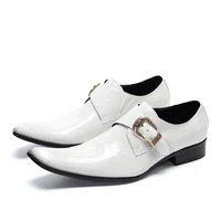 pointed toe white men wedding shoes with buckle hoops mens genuine leather shoe casual slip on dress suit shoes high quality