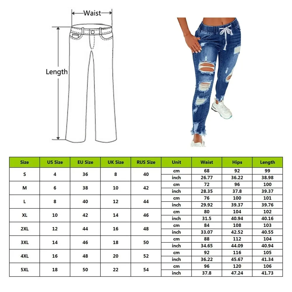 

Hot Sale Drawstring Denim Jeans for Women Stretch Ripped Broken Holes Jeans Ladies Plus Size Full Length Pencil Pants Vaqueros
