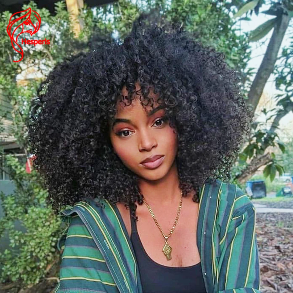 

Hesperis 250 Density Afro Kinky Curly Scalp Base Top Full Machine Made Wig With Bangs Remy Brazilian Short Curly Human Hair Wigs