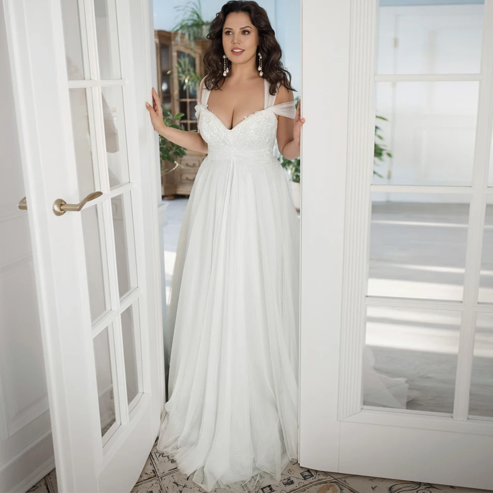 

Vestidos Elegant Wedding Dresses Tulle Illusion Appliques V-Neck Sleeveless Zipper Plus Size Ball Bridal Gowns