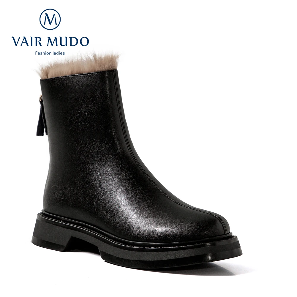 

VAIR MUDO Motorcycle Boots Black Ankle Low Heel White Cow Leather Fur Wool Autumn Winter Solid Comfortable Square Heel DX147L