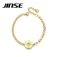 jinse gold chain link 316l stainless steel bracelets for women fashion jewelry round turquoise beads pulseira boho hip hop gifts