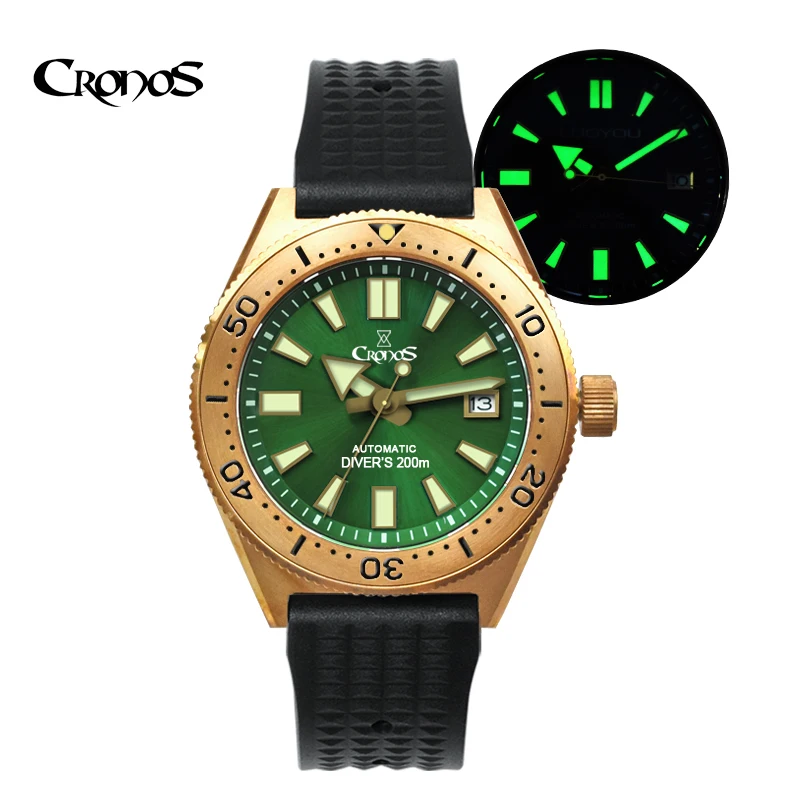 

Cronos CuSn8 Bronze Diver Watch Men Automatic Self Wind Mechanical NH35 Sapphire Crystal Glass SLN C3 Luminous 20Bar Waterproof