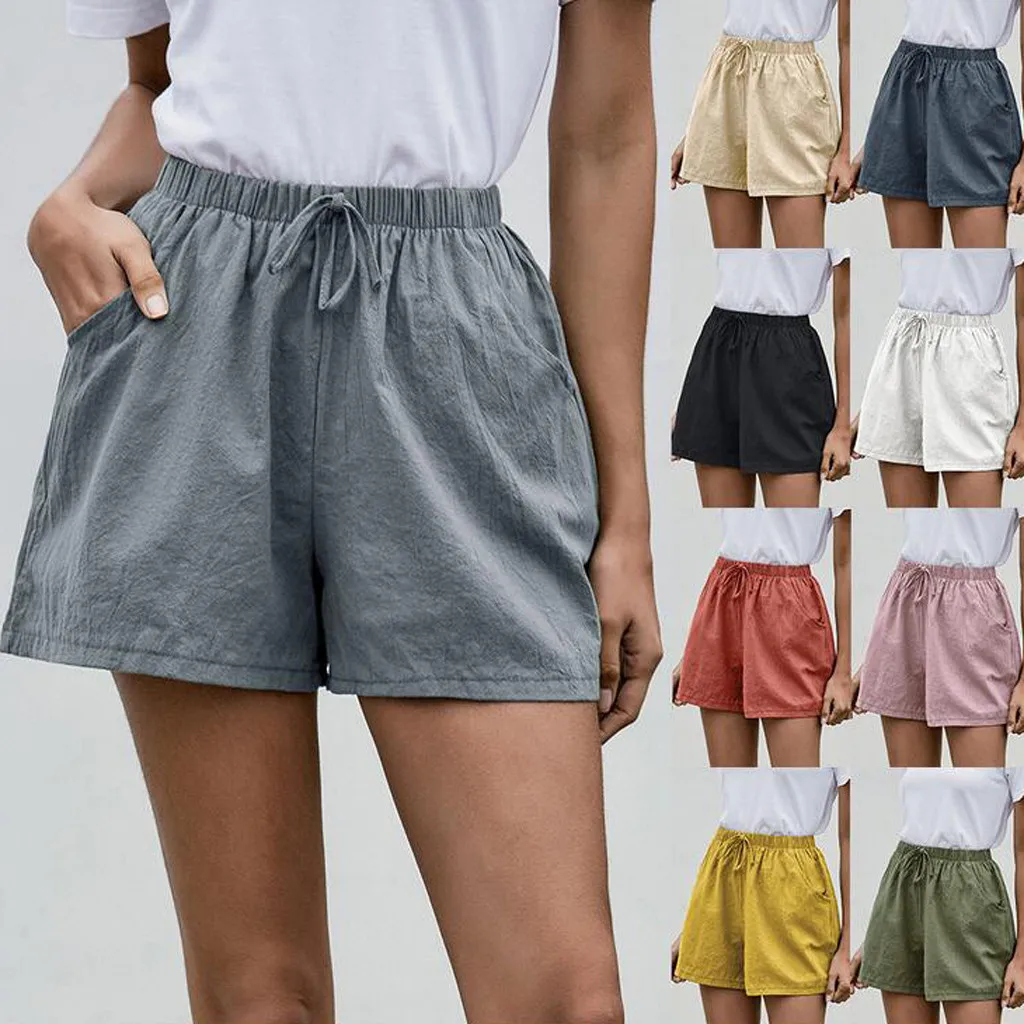 

Women's cotton and linen solid color shorts summer high waist cotton and linen shorts ladies casual beach pocket shorts 40*