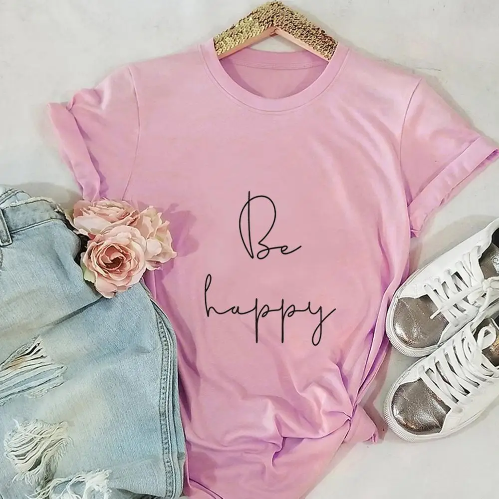 Be Happy Letter Printed Casual Girls T-Shirts Simple loose Summer Women short Sleeve Office Tees Tops Plus size XXXXL 5XL | Женская