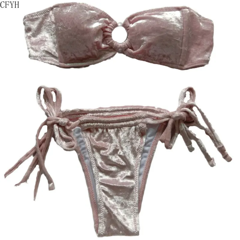 

Pink Velvet Bikini 2020 Ruffle Thong Swimsuit Sexy Bandeau Swimming Suit for Women Swimwear Brazilian Bathing Suit May Bathers