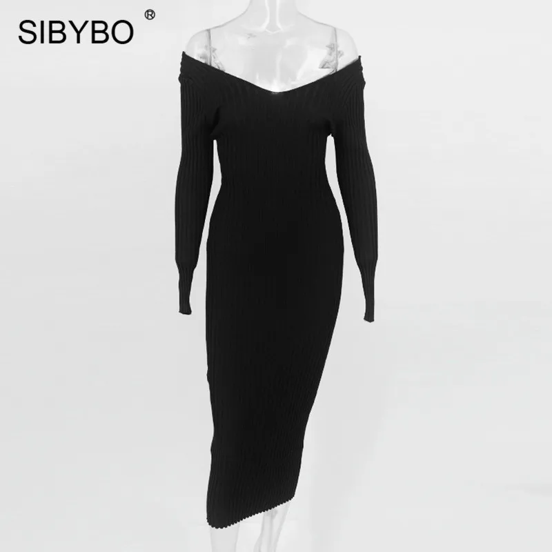 Черный SIBYBO, зимнее трикотажное хлопковое платье в рубчик, женское сексуальное облегающее платье с открытыми плечами и длинным рукавом, однотонные вечерние платья с открытой спиной - Цвет: Черный
