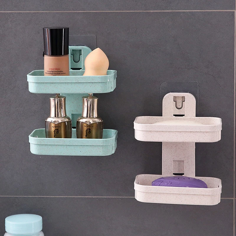 

2021 Bathroom Suction Cup Soap Dishes Plastic Holders Wall-mounted Double-deck Creative Drainage Soap Storage Double Racks