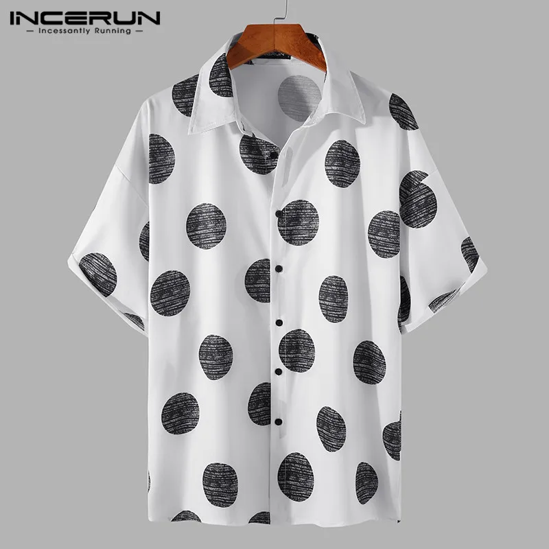 

Рубашка мужская с принтом в горошек, уличная одежда, свободная Повседневная Блузка в Корейском стиле, с рукавами Hlaf, с лацканами, модная одеж...