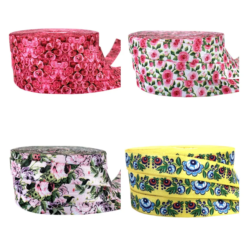

5/8"16mm Flower Patterns Printed Fold Over Elastic Ribbon DIY Pack Stuffs Hair Band Making Accessories 10Yards/lot