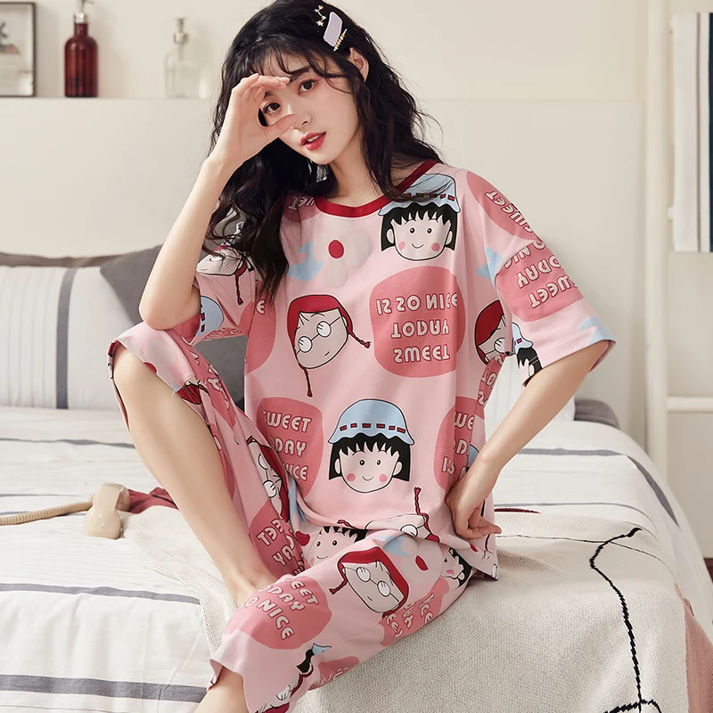 Calf pants Sleep Tops Cotton Women's pajamas Set Home suit plus size Sleepwear summer clothes for women pijamas pyjamas Korean