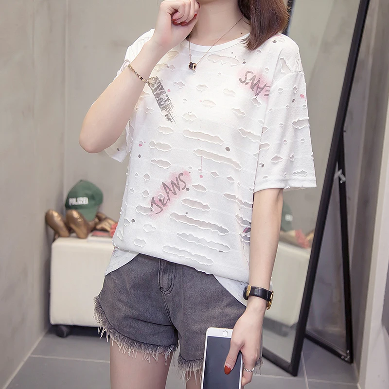 

Summer New Fashion Korean style letter printing short-sleeved T-shirt female Loose Casual personality Hole decoration women tops