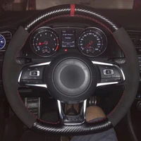 car steering wheel cover hand stitched black carbon fiber leather black suede for volkswagen golf 7 gti golf r mk7 vw polo gti