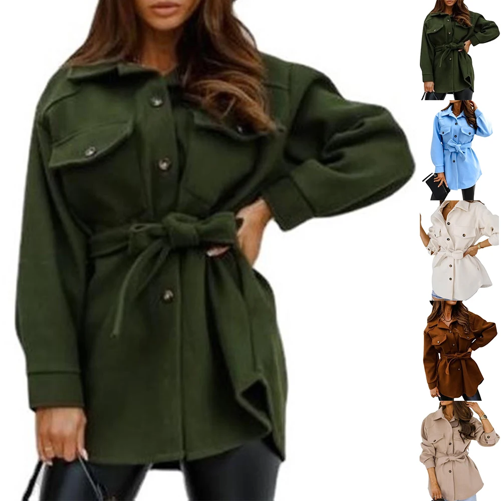 

Женское плотное пальто со шнуровкой, модное однотонное повседневное теплое пальто средней длины на пуговицах с поясом и лацканами для зимы