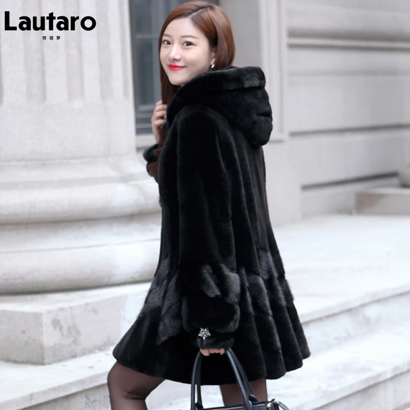 Lautaro Зимнее длинное черное теплое женское пальто из искусственного меха в стиле