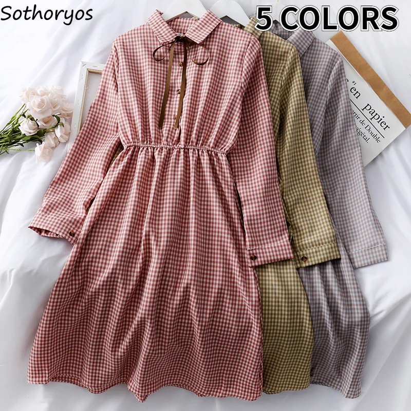 

Long Sleeve Dress Women Plaid Vintage Sweet Autumn Bow Turn-down Collar Loose Korean Fashion Harajuku Vestidos Student A-line