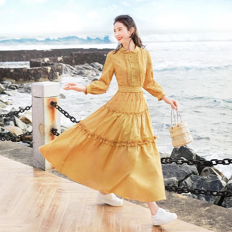 

TIYIHAILEY/бесплатная доставка; Boshow; Сезон осень-весна; Хлопковое льняное длинное S-L-макси; Желтое платье с вышивкой и рукавами-фонариками