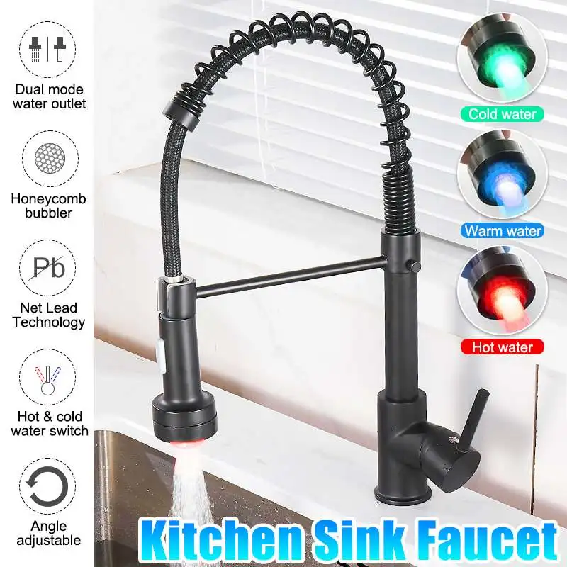

Matte Black Kitchen Faucet With LED Light Deck Mounted Mixer Tap 360 Degree Rotation Stream Sprayer Kitchen Sink Hot Cold Taps