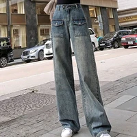 women wide leg long jeans autumn pockets retro female straight denim pants loose streetwear casual ladies trousers bottom