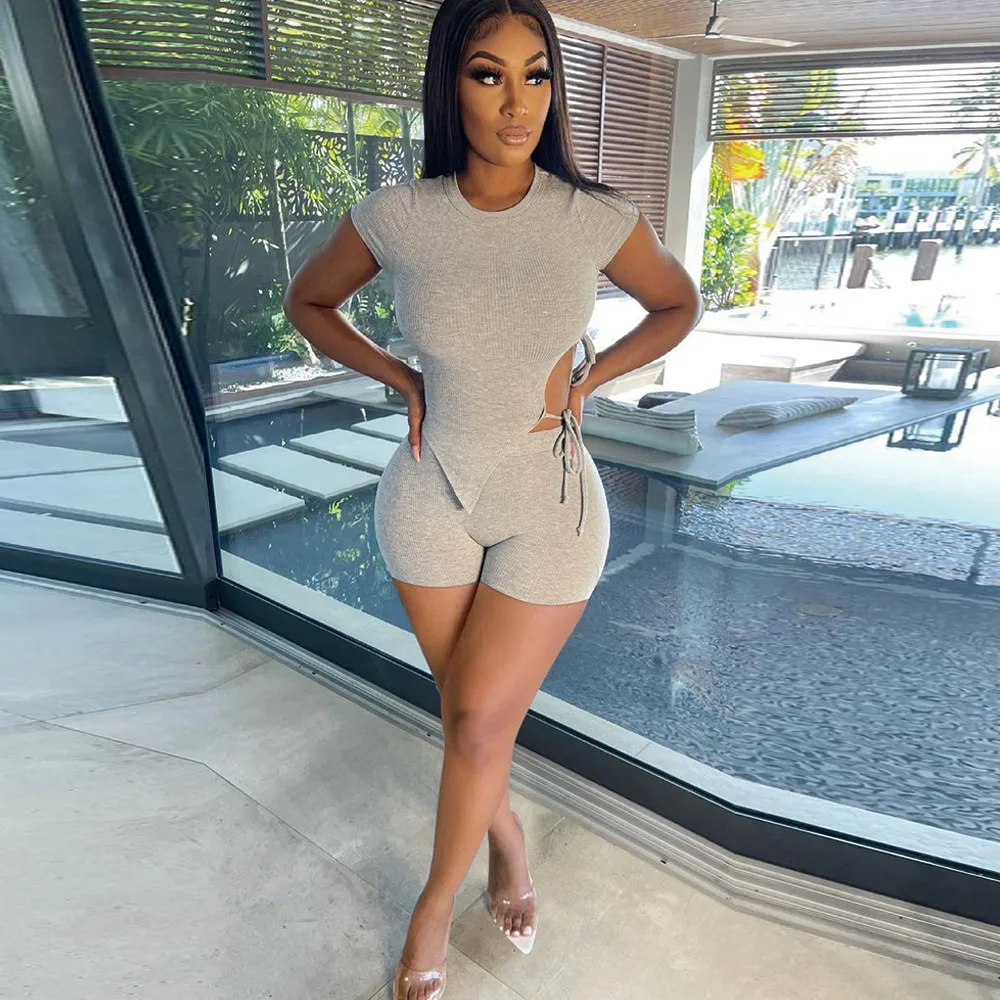 

Side Hollow Drawstring Short Sleeve T-shirt and Workout Biker Shorts Fitness Two Piece Suits