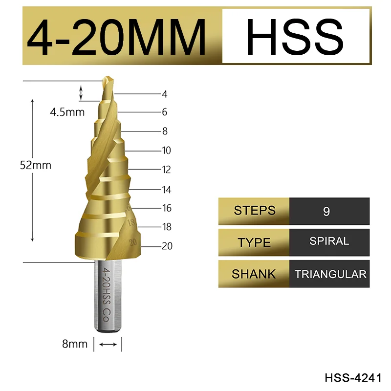 

UCHEER 4-12/4-20/4-32 Ступенчатое сверло Hss Кобальтовое титановое покрытие Треугольная дрель Инструмент для сверления спиральных канавок Алюминиевый резак для отверстий