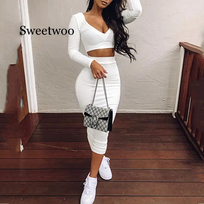 

Sexy Two Piece Set V-neck Long Sleeve Crop Top Long Skirt Set Party Summer Clothes For Women Two Piece Outfits 2020 White Green