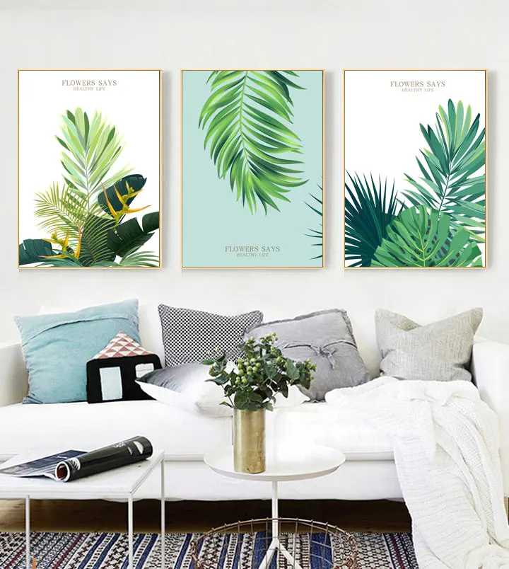 Настенный холст с зелеными листьями постеры в скандинавском стиле модульный