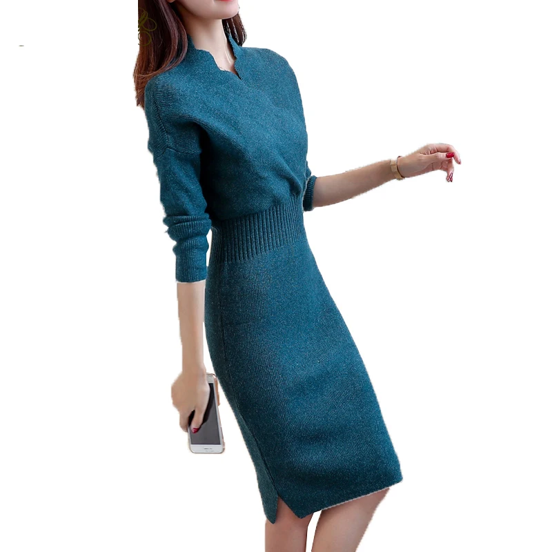 Осенне зимнее Новое корейское женское платье 2020 пуловер с воротником в виде