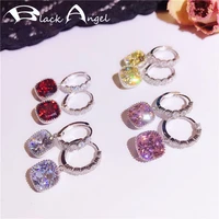 black angel new super shiny luxury square cirtine pink red white cz crystal gemstone clip earrings 925 silver wedding jewelry