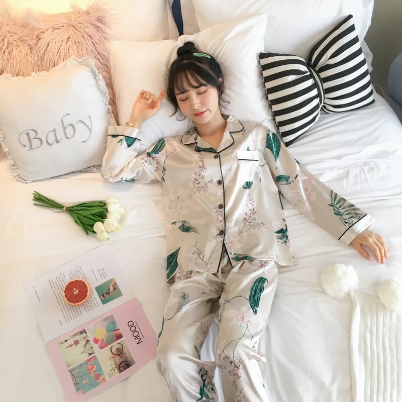 Пижамы для женщин атласные женские пижамы с принтом наборы длинными рукавами