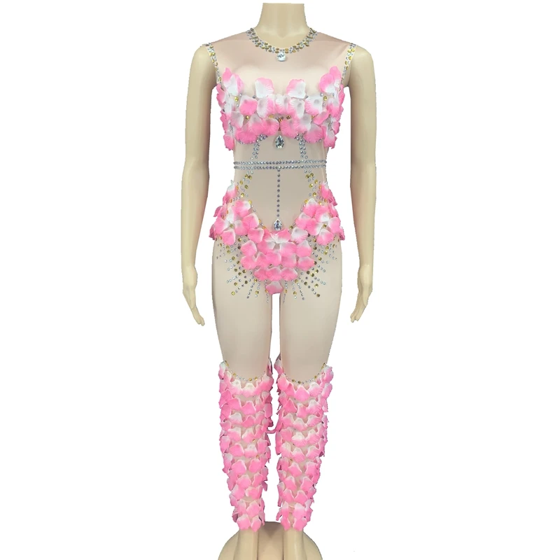 

Комбинезон Стразы серебристый из спандекса с розовыми лепестками, леггинсы на день рождения и выпускной вечеринку, Женская Одежда для танц...